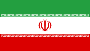 Flag of Iran with green, white, and red horizontal stripes and the red national emblem in the center - biochemazone