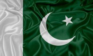 Flag of Pakistan with a white crescent and star on a green background and a vertical white stripe - biochemazone