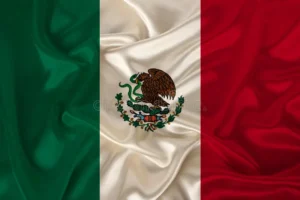 Flag of Mexico with vertical green, white, and red stripes and the national coat of arms in the center - biochemazone