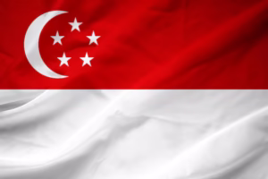 Flag of Singapore with red and white horizontal stripes and a white crescent with five stars - biochemazone