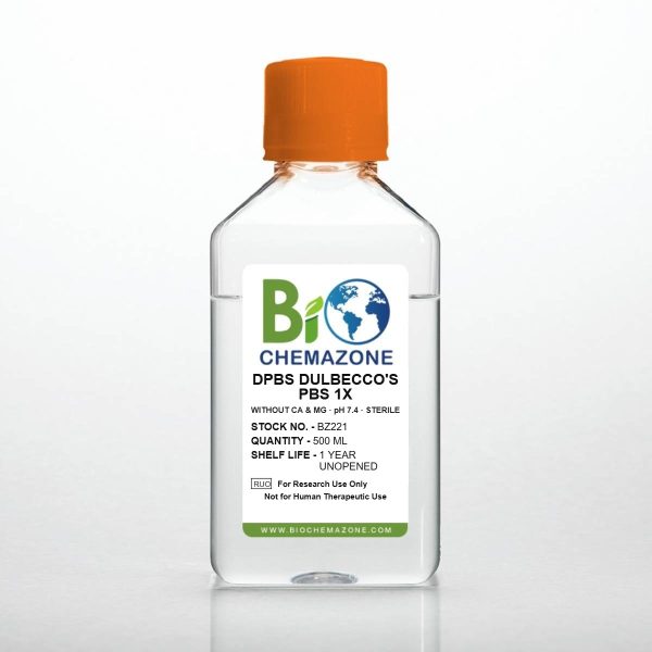 DPBS Dulbecco's phosphate buffered saline 1X without calcium and magnesium, BZ221 – BioChemazone 500 mL bottle