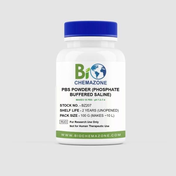 PBS powder, phosphate buffered saline dry blend that makes 1X pH 7.2–7.4, BZ207 – BioChemazone container