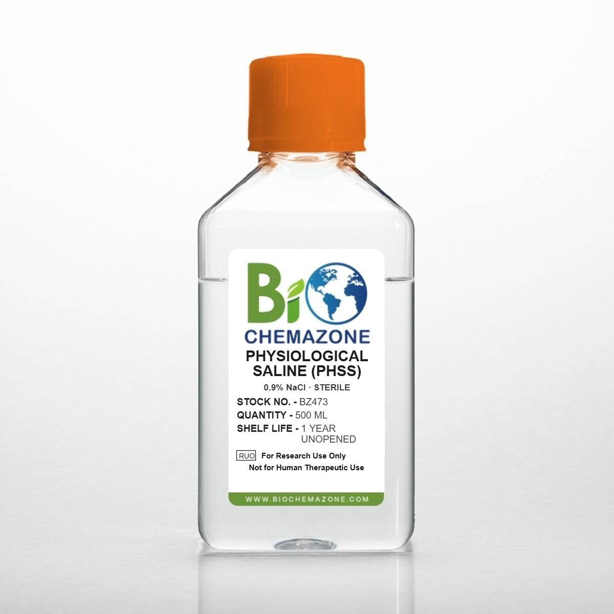 Physiological Saline Solution (PHSS), 0.9% NaCl, Sterile – Isotonic Saline for Laboratory Testing (BZ473) 1 Physiological saline solution PHSS, 0.9% NaCl sterile isotonic saline, BZ473 – BioChemazone 500 mL bottle