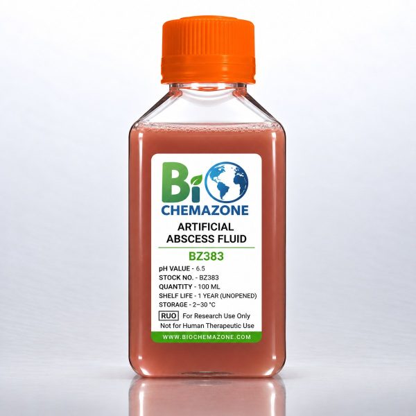 Artificial Abscess Fluid BZ383 – BioChemazone opaque reddish-pink simulated abscess fluid pH 6.5, 100 mL bottle