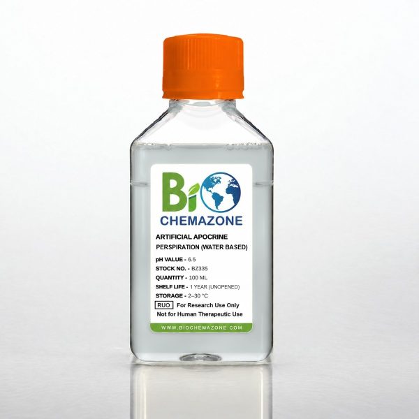 Artificial Apocrine Perspiration Water Based BZ335 – BioChemazone turbid aqueous synthetic apocrine sweat pH 6.5 for malodour and deodorant testing, 100 mL bottle