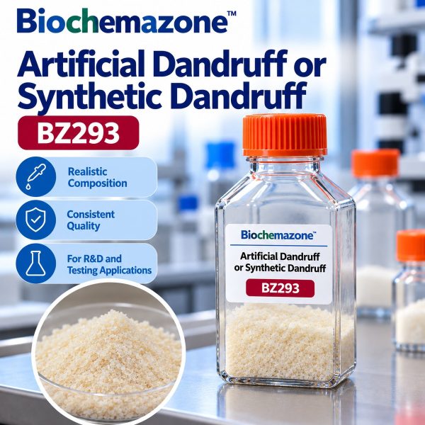 Artificial Dandruff or Synthetic Dandruff BZ293 – BioChemazone light yellow synthetic dandruff flake powder in a bottle for anti-dandruff shampoo and scalp-care testing