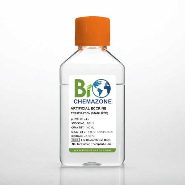 Artificial Eccrine Perspiration Stabilized BZ111 – BioChemazone stabilized artificial eccrine sweat pH 4.5, 100 mL bottle
