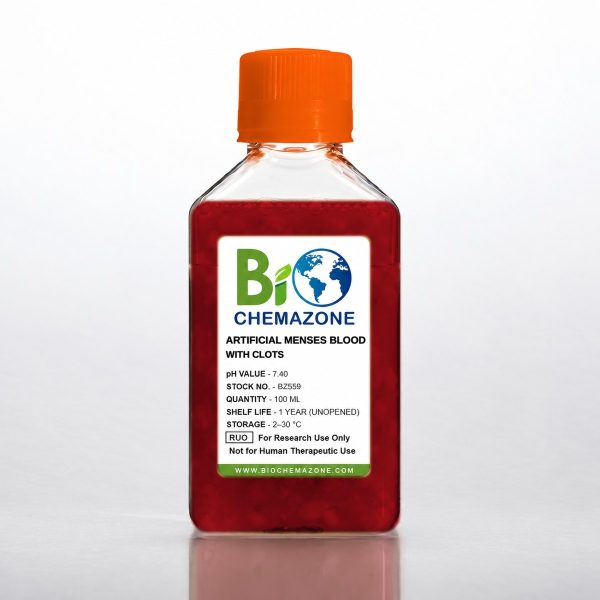 Artificial Menses Blood with Clots BZ559 – BioChemazone menstrual blood simulant with clots pH 7.4, 100 mL bottle
