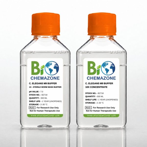 C. elegans M9 Buffer BZ718 – BioChemazone sterile worm wash buffer, 1x and 10x concentrate, 500 mL bottles