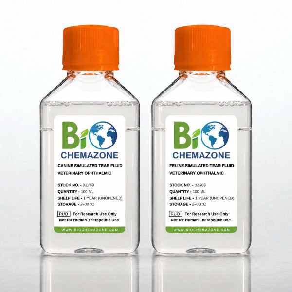 Canine and Feline Simulated Tear Fluid BZ709 – BioChemazone dog and cat tear fluid simulants for veterinary ophthalmic product testing, 100 mL bottles