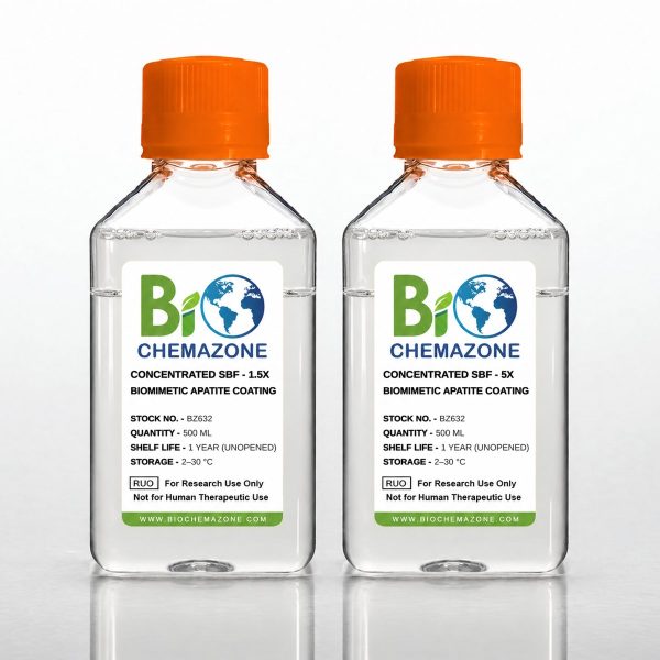 Concentrated Simulated Body Fluid 1.5x and 5x SBF BZ632 – BioChemazone biomimetic apatite coating solutions, 500 mL bottles