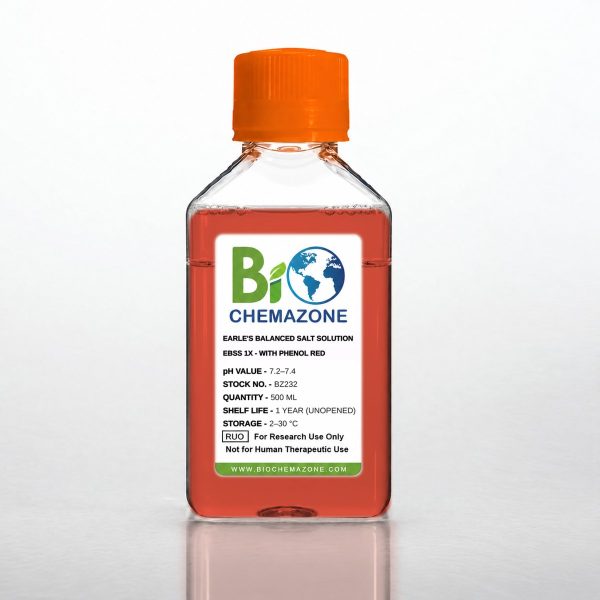 Earle's balanced salt solution EBSS 1X with calcium, magnesium and phenol red, BZ232 – BioChemazone red-orange solution, pH 7.2–7.4, 500 mL bottle