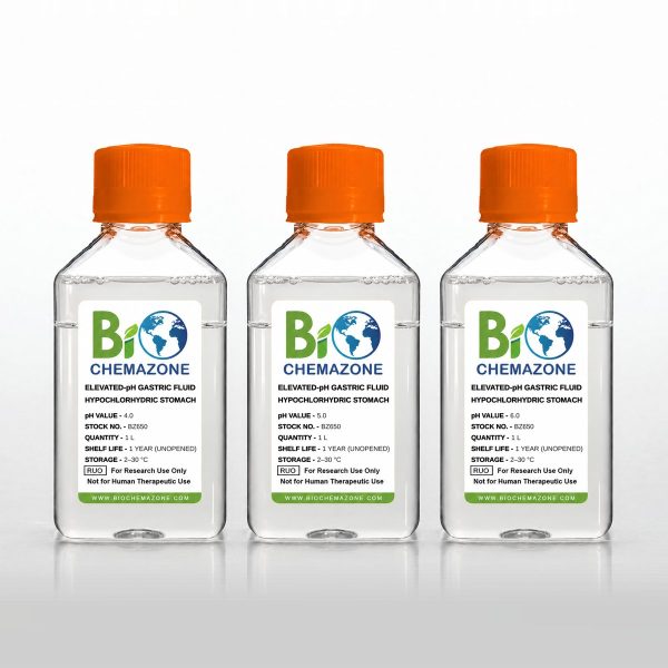 Elevated-pH Gastric Fluid BZ650 – BioChemazone pH 4.0, 5.0 and 6.0 gastric fluids for hypochlorhydric stomach dissolution testing, 1 L bottles