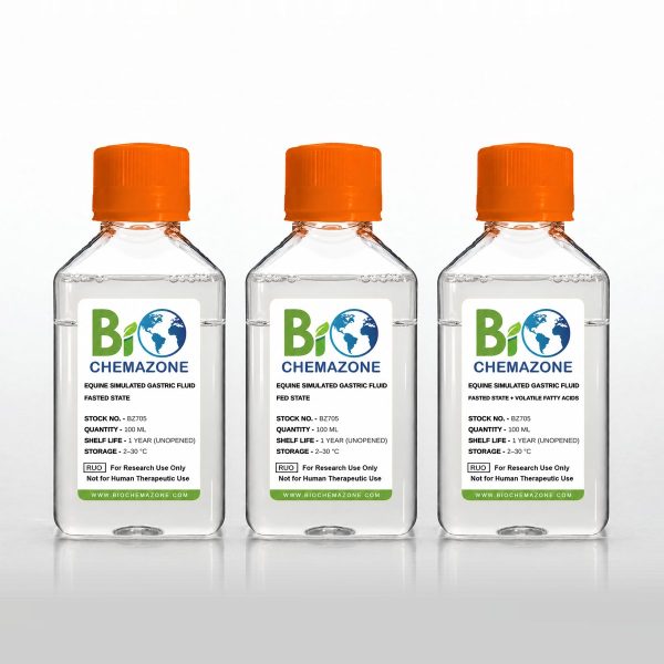 Equine Simulated Gastric Fluid BZ705 – BioChemazone fasted-state, fed-state and fasted-state with volatile fatty acids horse gastric fluids, 100 mL bottles