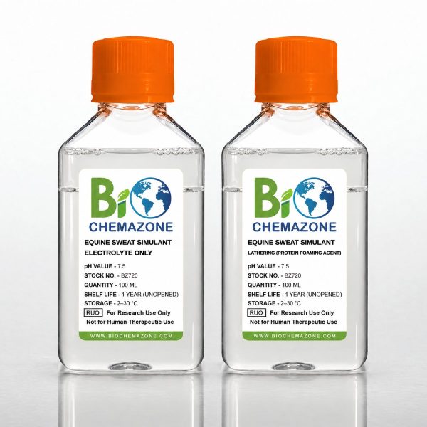 Equine Sweat Simulant BZ720 – BioChemazone artificial horse sweat, electrolyte-only and lathering versions, for tack, saddle pad and textile testing, pH 7.5, 100 mL bottles