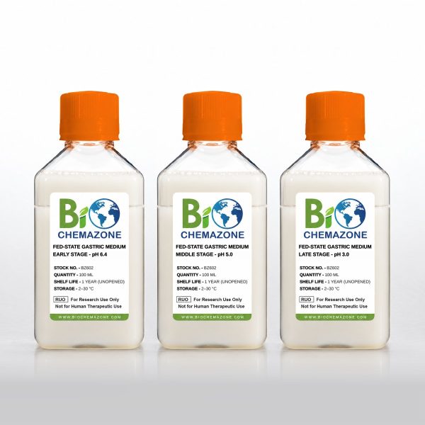 Fed-State Gastric Media BZ602 – BioChemazone early (pH 6.4), middle (pH 5.0) and late (pH 3.0) stage snapshot FeSSGF, milky liquids in 100 mL bottles