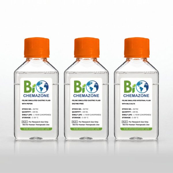 Feline Simulated Gastric and Intestinal Fluids BZ702 – BioChemazone cat gastric fluid with pepsin, enzyme-free gastric fluid and intestinal fluid with bile salts for veterinary dissolution testing