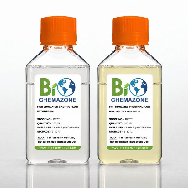 Fish Simulated Gastric and Intestinal Fluids BZ707 – BioChemazone gastric fluid with pepsin and intestinal fluid with pancreatin and bile salts for aquafeed digestibility studies