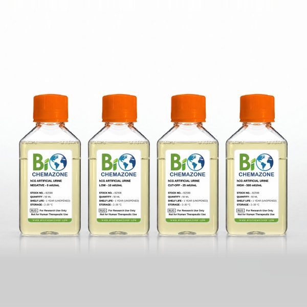 hCG Level Series Artificial Urine BZ598 – BioChemazone negative, low (10 mIU/mL), cut-off (25 mIU/mL) and high (500 mIU/mL) levels, four 50 mL bottles