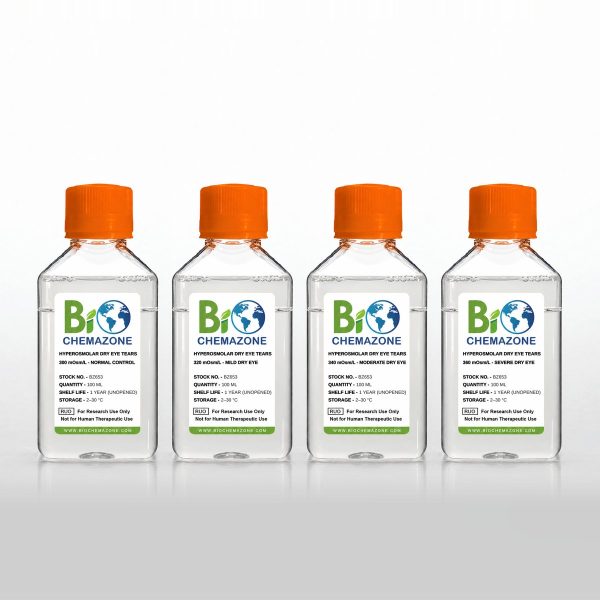 Hyperosmolar Dry Eye Tear Simulant BZ653 – BioChemazone tear simulants at 300, 320, 340 and 360 mOsm/L for dry-eye and tear-osmolarity research, 100 mL bottles