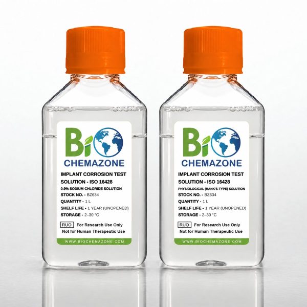 Implant Corrosion Test Solutions ISO 16428 BZ634 – BioChemazone 0.9% sodium chloride and physiological (Hank’s-type) solutions for implant corrosion testing, 1 L bottles
