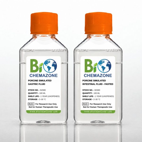 Minipig and Porcine Simulated Gastric and Intestinal Fluids BZ680 – BioChemazone porcine SGF and fasted-state SIF for preclinical dissolution, 100 mL bottles