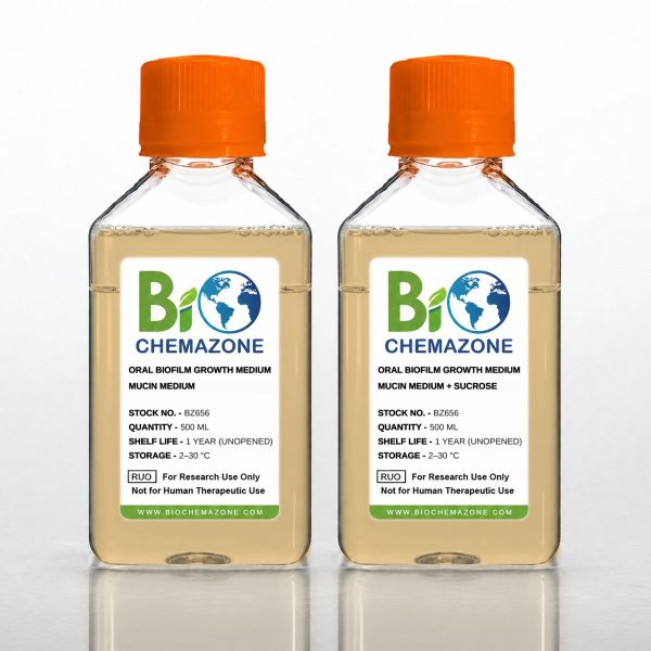 Oral Biofilm (Dental Plaque) Growth Medium BZ656 – BioChemazone mucin-based artificial saliva medium, with and without sucrose, 500 mL bottles