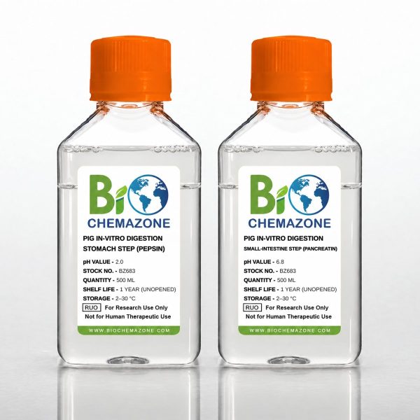 Pig In-Vitro Digestion Fluids BZ683 – BioChemazone stomach step pH 2.0 and small-intestine step pH 6.8 for feed digestibility, 500 mL bottles