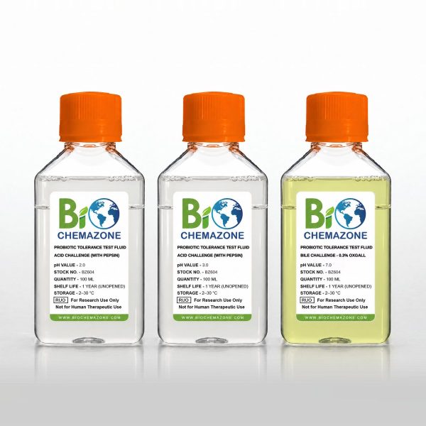 Probiotic Acid and Bile Tolerance Test Fluids BZ604 – BioChemazone acid challenge pH 2.0 and pH 3.0 with pepsin and 0.3% oxgall bile challenge fluid, 100 mL bottles