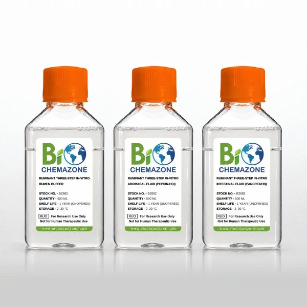 Ruminant Three-Step In-Vitro Set BZ682 – BioChemazone rumen buffer, abomasal fluid and intestinal fluid for bypass protein testing, 500 mL bottles