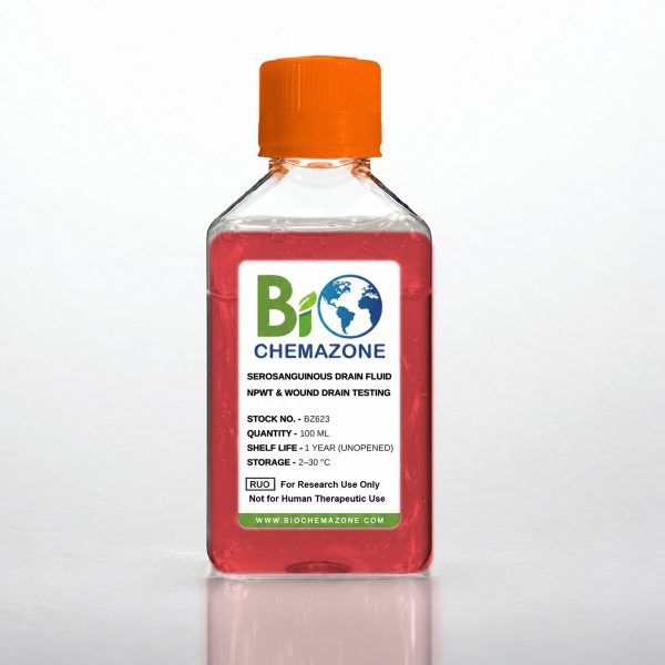 Serosanguinous Drain Fluid BZ623 – BioChemazone wound-drainage simulant for NPWT and drain testing, 100 mL bottle