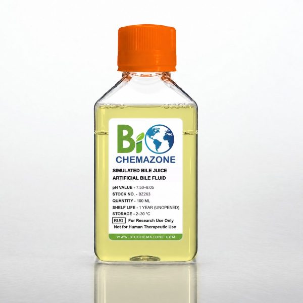 Simulated Bile Juice BZ263 – BioChemazone yellow artificial bile fluid pH 7.50–8.05, 100 mL bottle