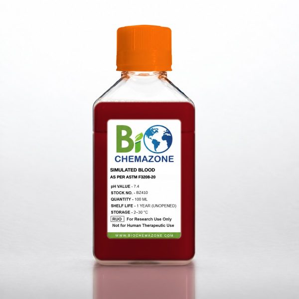 Simulated Blood as per ASTM F3208-20 BZ410 – BioChemazone synthetic blood pH 7.4, 100 mL bottle