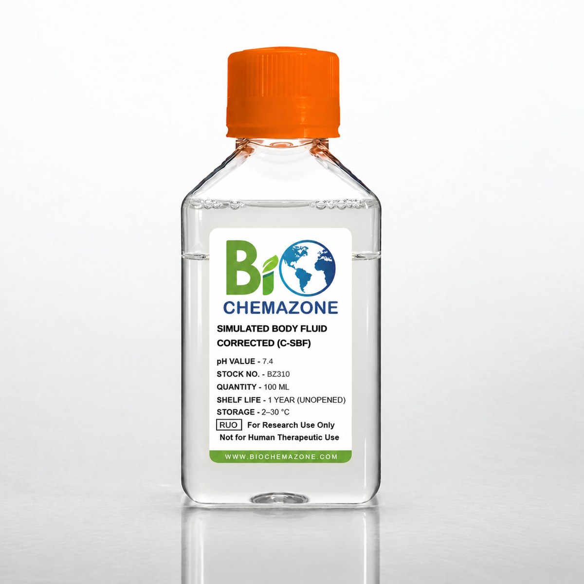 Simulated Body Fluid Corrected (c-SBF) (BZ310) 1 Simulated Body Fluid Corrected (c-SBF) BZ310 – BioChemazone sterile corrected simulated body fluid (c-SBF), pH 7.4, 100 mL bottle