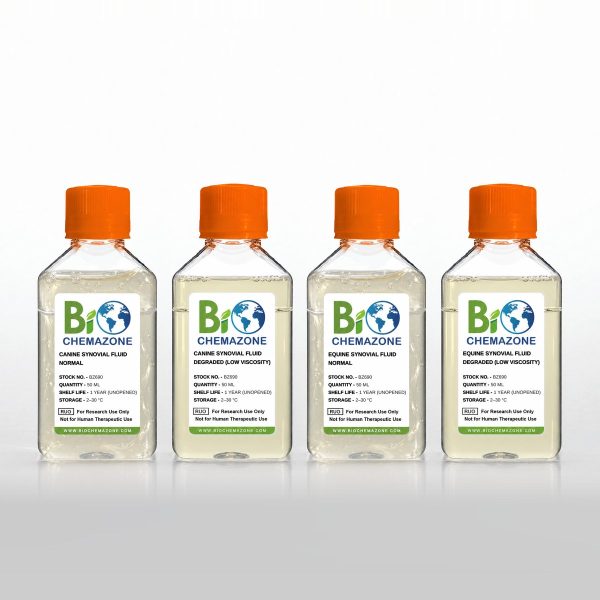 Simulated Canine and Equine Synovial Fluid BZ690 – BioChemazone normal and degraded (low-viscosity) dog and horse joint fluid simulants, 50 mL bottles