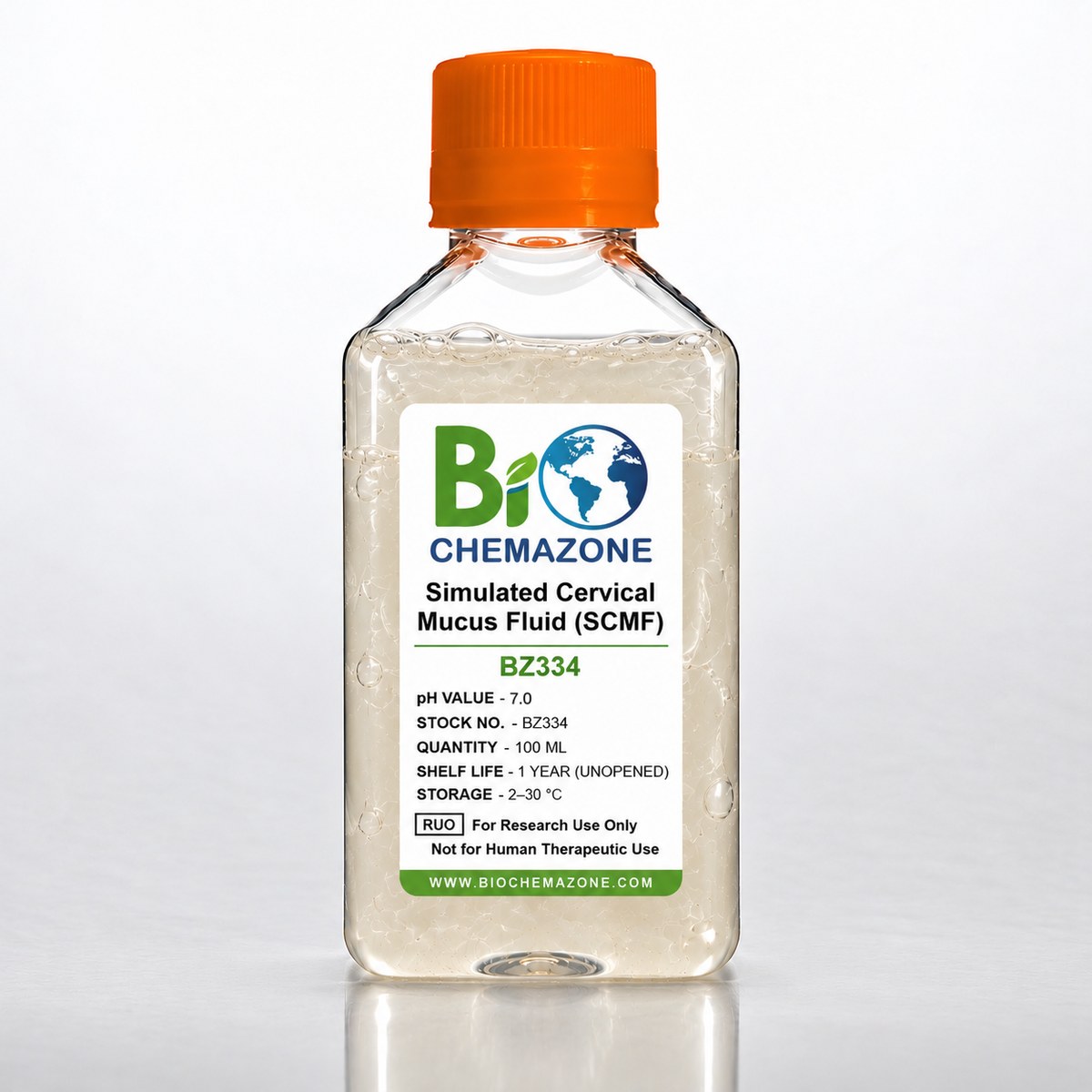 Simulated Cervical Mucus Fluid (SCMF) BZ334 1 Simulated Cervical Mucus Fluid SCMF BZ334 – BioChemazone synthetic cervical mucus pH 7.0, 100 mL bottle