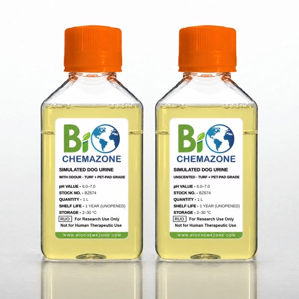 Simulated Dog Urine BZ674 – BioChemazone turf and pet-pad grade synthetic dog urine, with odour and unscented, 1 L bottles