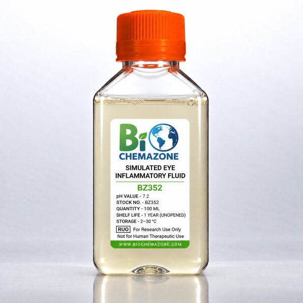 Simulated Eye Inflammatory Fluid BZ352 – BioChemazone pale yellow simulated eye inflammation fluid pH 7.2, 100 mL bottle