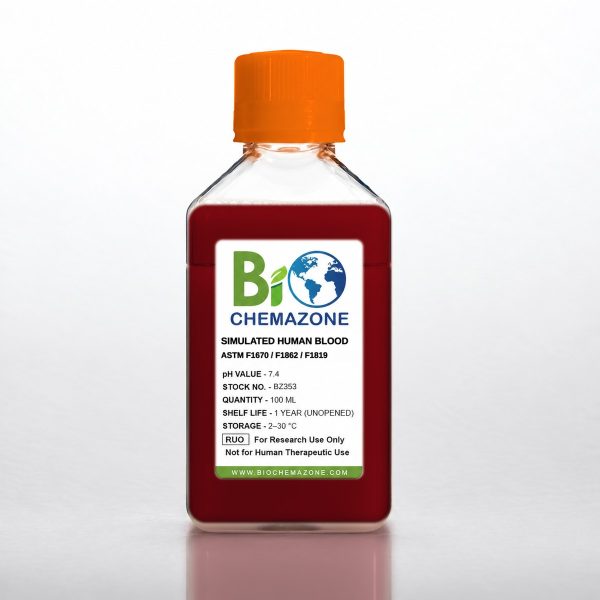 Simulated Human Blood BZ353 – BioChemazone synthetic blood for ASTM F1670 and F1862 tests pH 7.4, 100 mL bottle