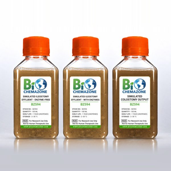 Simulated Ileostomy Effluent and Colostomy Output BZ594 – BioChemazone brown ostomy test fluids, enzyme-free and with-enzyme ileostomy effluent and colostomy output