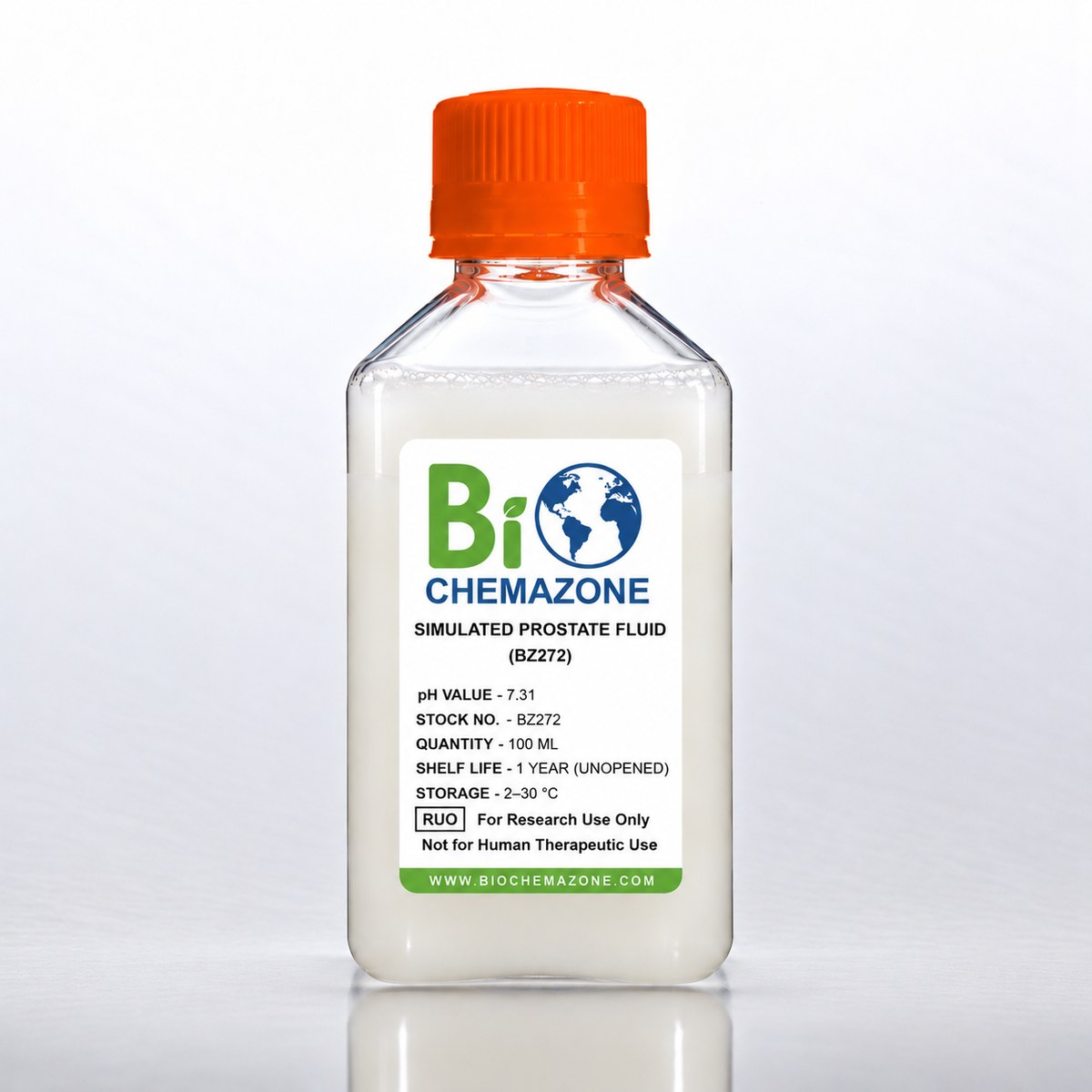 Simulated Prostate Fluid (BZ272) 1 Simulated Prostate Fluid BZ272 – BioChemazone artificial prostate fluid pH 7.31, 100 mL bottle