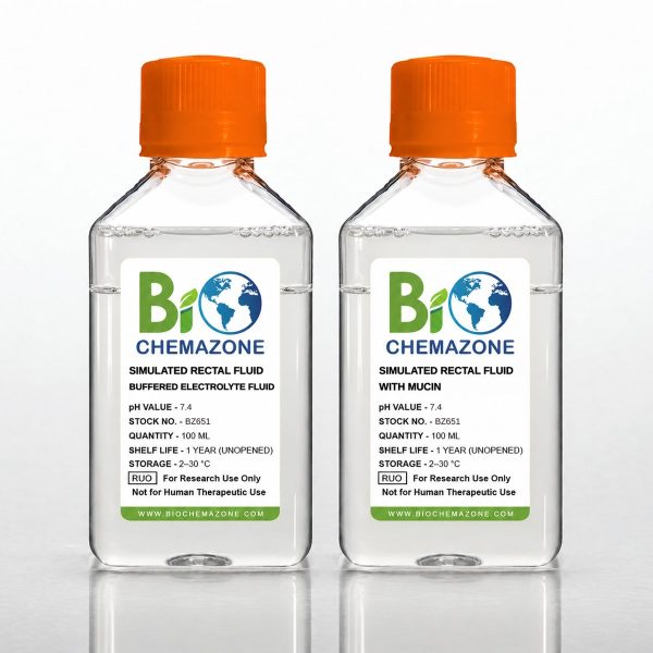 Simulated Rectal Fluid BZ651 – BioChemazone buffered electrolyte fluid and with-mucin version, pH 7.4, for suppository and enema release testing