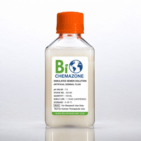 Simulated Semen Solution BZ180 – BioChemazone artificial seminal fluid pH 7.8, 100 mL bottle