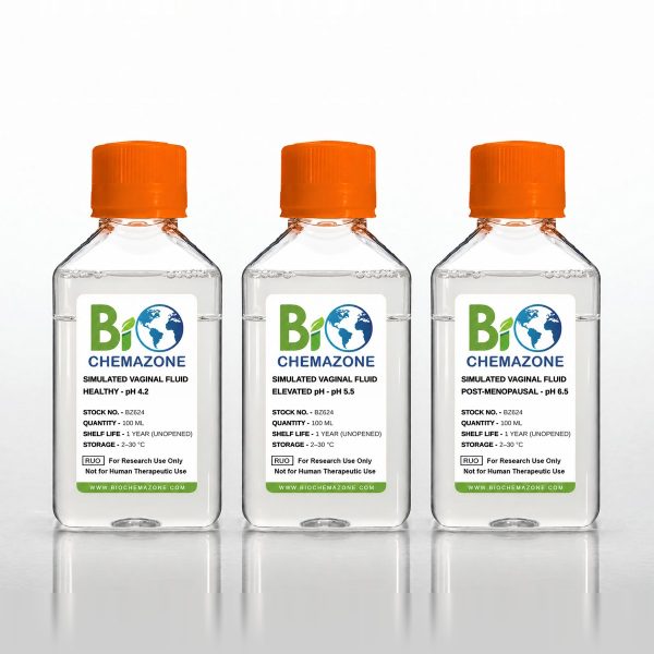 Simulated Vaginal Fluid pH Variants BZ624 – BioChemazone healthy, elevated-pH and post-menopausal vaginal fluid, set of 3 bottles
