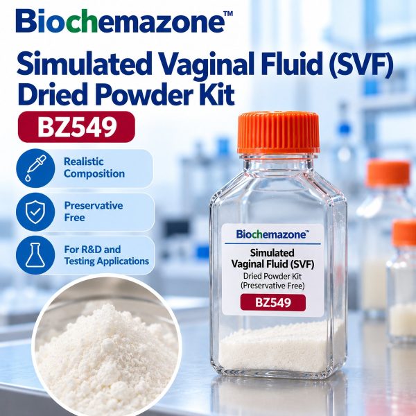 Simulated Vaginal Fluid (SVF) Dried Powder Kit BZ549 – BioChemazone preservative-free SVF powder in bottle with powder close-up