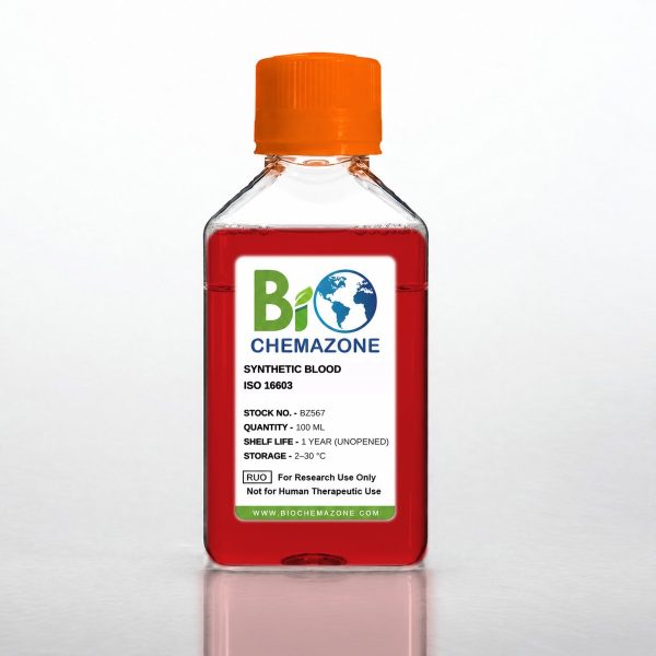 Synthetic Blood ISO 16603 BZ567 – BioChemazone red test fluid for protective clothing blood-penetration testing, 100 mL bottle