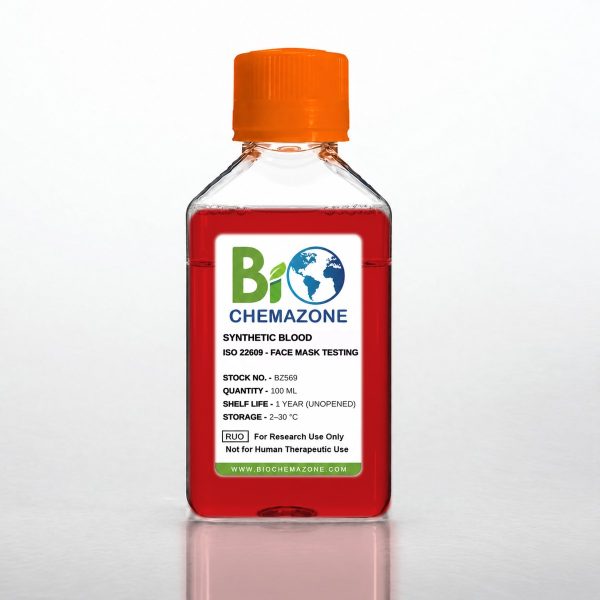 Synthetic Blood ISO 22609 BZ569 – BioChemazone red test fluid for medical face mask splash-resistance testing, 100 mL bottle