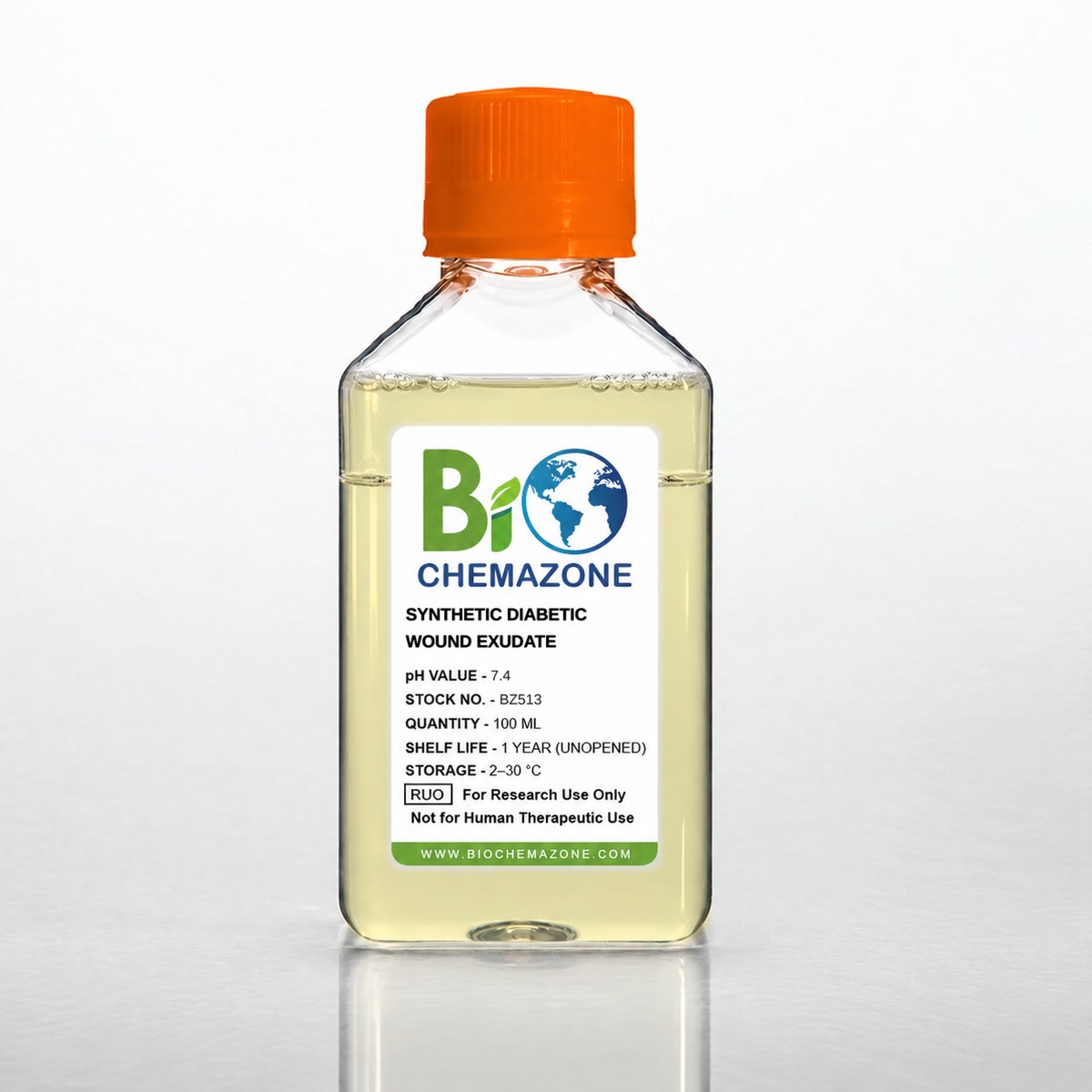 Synthetic Diabetic Wound Exudate BZ513 1 Synthetic Diabetic Wound Exudate BZ513 – BioChemazone diabetic wound fluid simulant pH 7.4, 100 mL bottle
