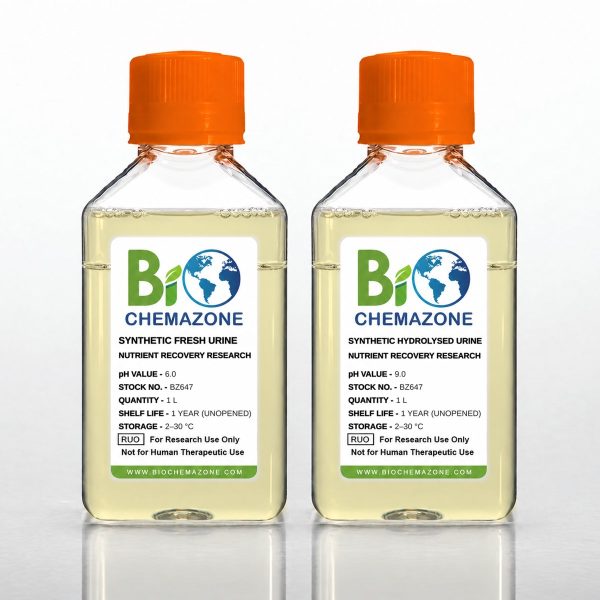 Synthetic Fresh Urine and Hydrolysed (Stored) Urine BZ647 – BioChemazone pH 6.0 and pH 9.0 solutions for nutrient-recovery and struvite research, 1 L bottles
