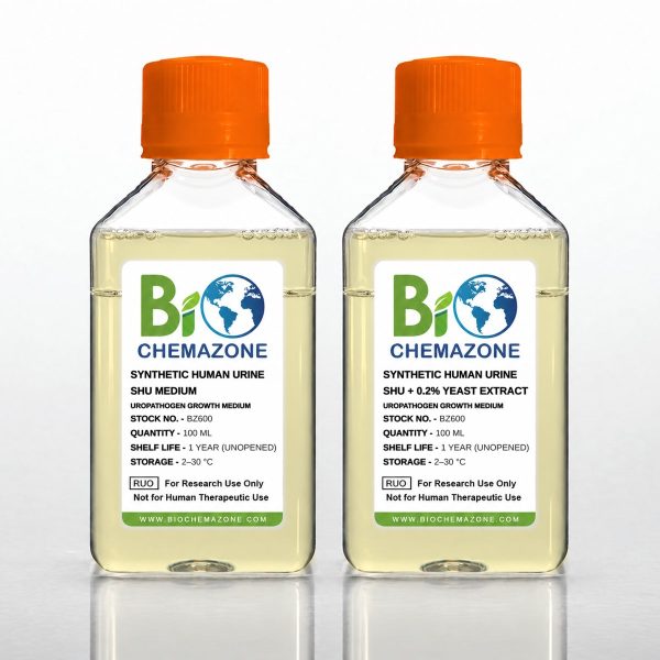 Synthetic Human Urine (SHU) Medium BZ600 – BioChemazone SHU and SHU with 0.2% yeast extract for uropathogen growth, 100 mL bottles